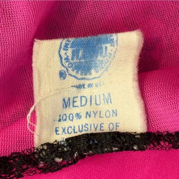 Vintage Hot Pink and Black Lace Nightgown or Slip Dress - Union Made! - Picture 7 of 9